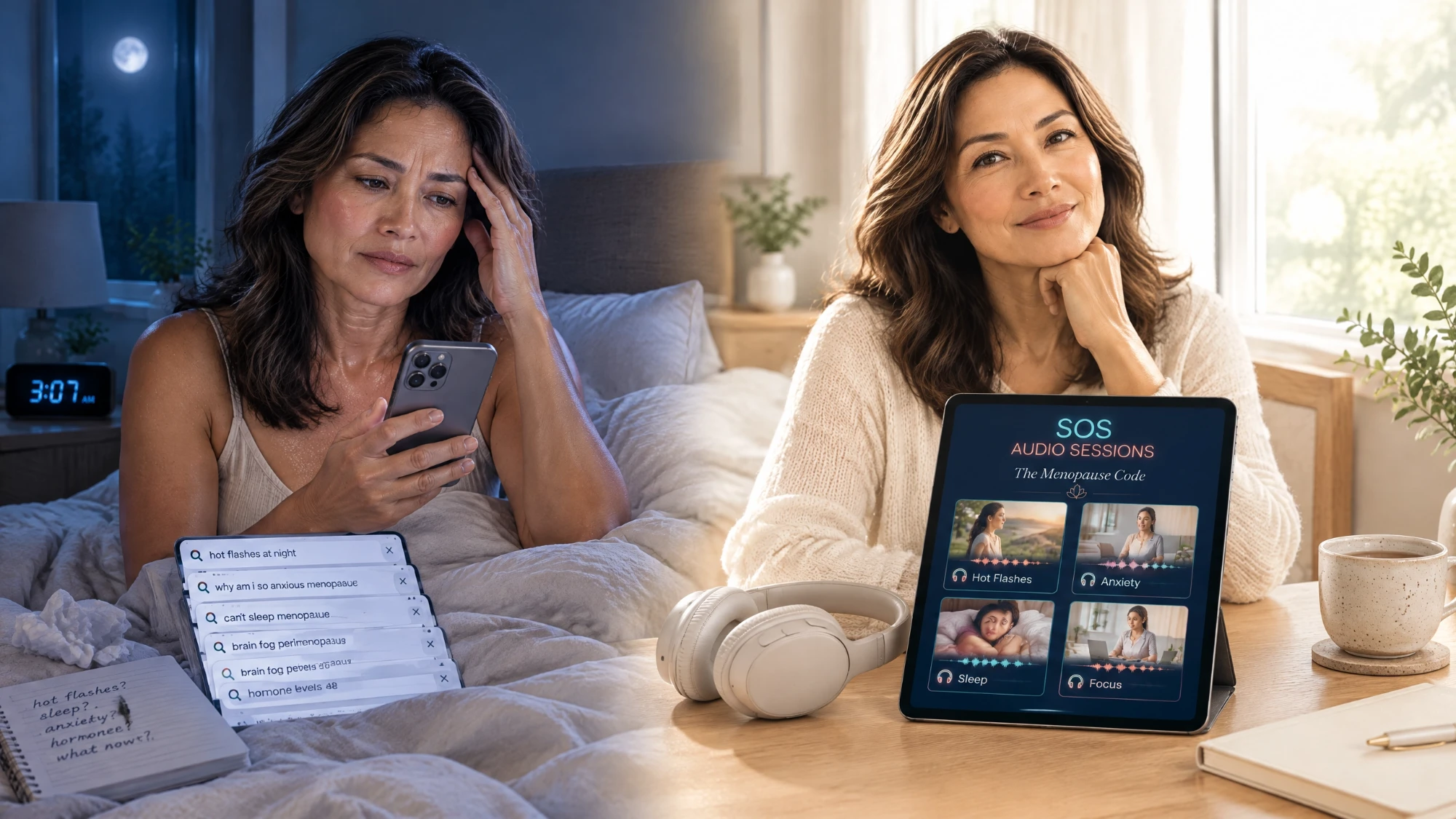 Before: searching at 3am confused. After: morning clarity with a plan.