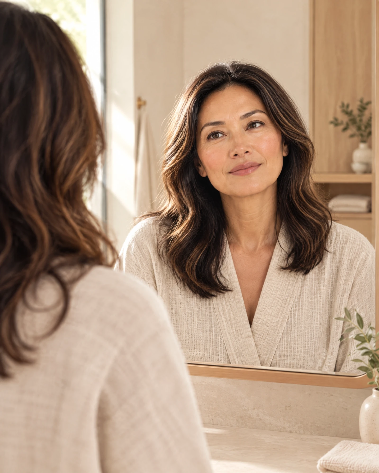 Woman looking in the mirror during menopause transition