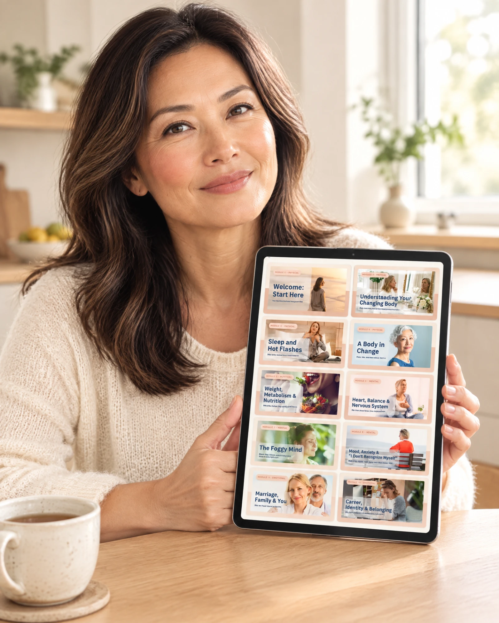 Woman browsing modules on tablet in kitchen